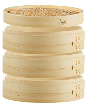 ANSNOW Vaporera de Bambú, 3 Jaulas Y 1 Tapa Profundidad Interna 6 cm para Cocina Tradicional para Arroz Dim Sum Verduras Carne Y Pescado Al Vapor/26Cm