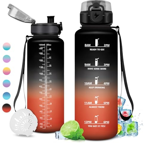 Gourde 1.5L, Sport Gourde Grande, Étanche et Réutilisable, Bouteille d'eau avec Marqueur de Temps et Filtre, Gourde Graduée pour 1 Journee, Adulte, Gym, l'école, Voyage, Camping, Randonnée, Bureau
