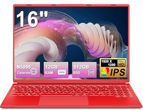 NOTODD Ordinateur Portable 16 Pouces, 4 cœurs Win11 Celeron N5095 (jusqu'à 2,9 GHz) 12+512GB SSD Soutien Extension 1TB,PC Portable avec 5G WiFi 1920x1200 BT4.2 Souris sans Fil&AZERTY Clavier-Rouge