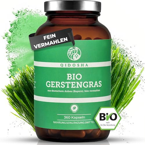 QIDOSHA® Bio Gerstengras Kapseln, 360 Stk im Apothekerglas, 1500mg je Tagesportion, Bio Gerstengraspulver fein gemahlen mit 500mg je Kapsel, vegan, deutsche Fertigung