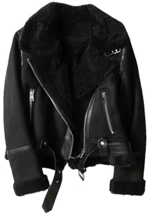Cappotti da donna invernali in finta lana di pecora scamosciata, in pelle sintetica, in pelle di agnello, spessi, caldi, in pelle scamosciata, marroni, corti, da motociclista, Nero , S