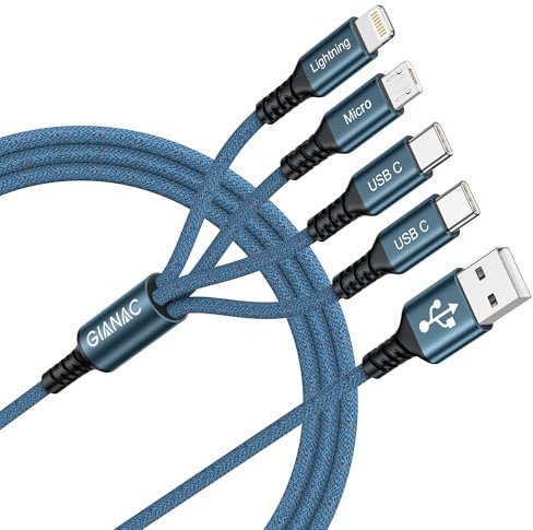 Multi Charger Cable, [USB C*2+Lightning+Micro] 4 in 1 Charger Cable [1.2M] Multiple USB Cable Nylon Braided with Lightning Cable Micro USB C Connector for iPhone 12/11/XS,Samsung S20 S10 S9 S8,Huawei
