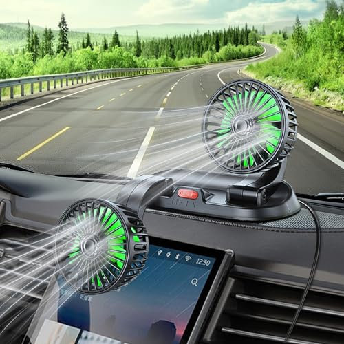 Qidoe Ventilateur USB de Voiture à Double Tête: Ventilateur de Refroidissement à 360°, Ventilateur 5 V de Tableau de Bord avec 2 Vitesses de Vent Fort pour Camion, Fourgonnette, Bateau, RV