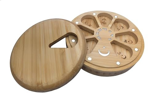 ELEMENTBOX Pilulier double face de qualité supérieure avec aimants en or 24 carats, boîte à pilules de 11 cm, organisateur de médicaments pour 7 jours en bois