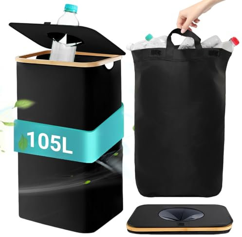 CnosDB 105L Bottle Bins with Lid, Large Deposit Bottles Collection Container with Portable Bag Reusable Recycling Bins for Home Kitchen Storage Room to Store Plastic Bottles Glass Bottles Cans