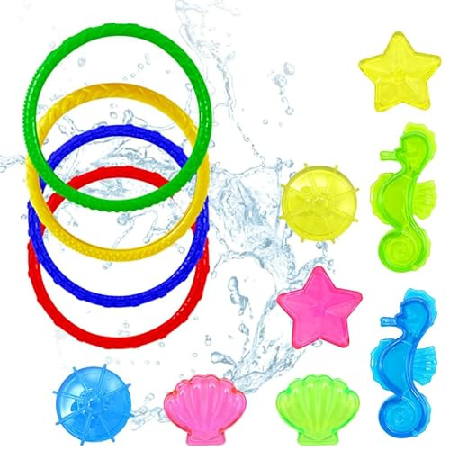 Wqafe 12PCS Diving Toys Set, Swimming Pool Toys, 4 Pcs Summer Fun Swimming Pool Diving Rings, 8 PCS Gemstones, Underwater Training Toys Diving Games Gifts