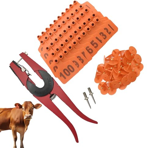 Etichette auricolari | Etichette per la marcatura del bestiame – 001-100 etichette auricolari numerate con set di applicatori per programmi di allevamento di bestiame, manzo e pecora