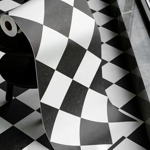 auxua Peel and Stick Floor Tile, Black Checked Pattern Continuous Vinyl Roll Flooring – 15.7'' x 19.68 ft Roll Covers 25.83 sq. ft, Effortless Alignment, Seamless Look Design for Bathroom, Kitchen