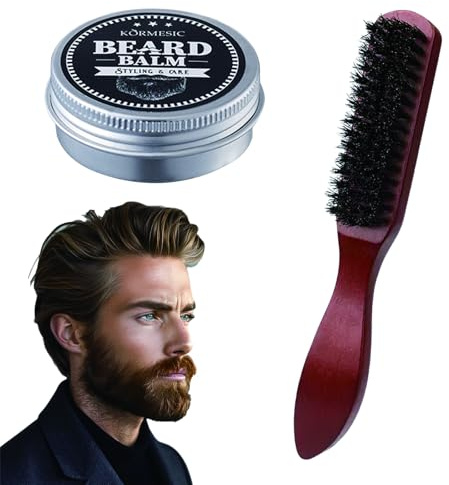UZYXC Beard Brush de Cerdas de Jabalí con Bálsamo, Mango de Madera Natural para Desenredar y Peinar, Cepillo Pelo de Madera de Loto para Hombre, Set Exclusivo Limpieza y Estilizado de Barba