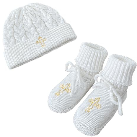 Crochet Baby Booties & Hat with Cross, Newborn Christening Baptism Outfit Knit Infant Shoes & Cap Gift for Baby Boy Girl 2PCs (White+Gold Cross, 0-3 Months)