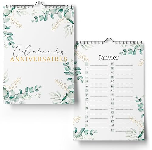 Calendario de cumpleaños, año independiente (francés) – Calendario perpetuo sin fecha para entrada de cumpleaños (Eucalipto, A4)