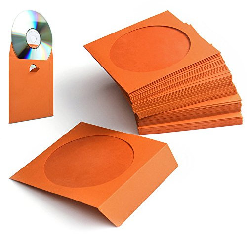 Flexzion DVD CD Sleeves 100 Pack - Premium Paper CD Sleeves for Blank CDs for Burning Music Movie Video Game Disc - Thick Disc Sleeve CD Envelopes Storage with Window Cutout and Flap, Orange
