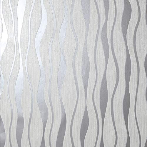 Arthouse | Metallic Wave White/Silver Wallpaper | Elegant Metallic & Glitter Design | Modern Vertical Pattern for Feature Walls | Easy Paste The Paper Application | 1005 x 53 cm