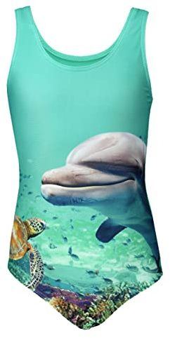 Aquarti Badeanzug Mädchen – Sportlicher Mädchen Badeanzug mit Ringerrücken Print, Farbe: Delphin/Grün, Größe: 158