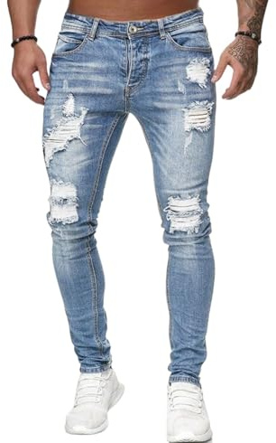 Jeans Homme Déchiré Trou Vintage Biker Pantalon en Denim Serré Pants Casual Jean Stretch Skinny Slim Fit (Bleu Clair, XL)