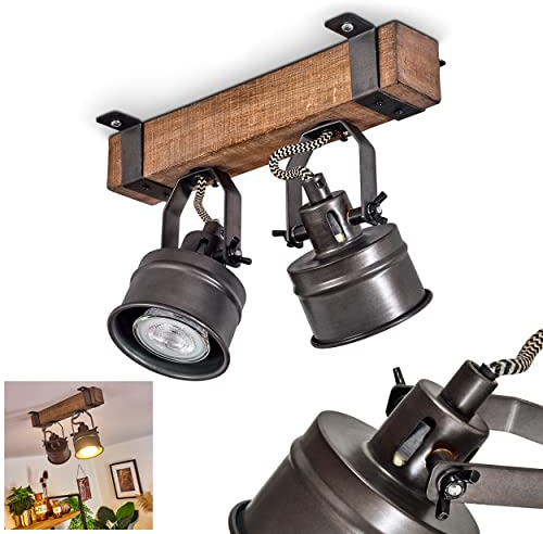 Deckenleuchte Pehefito, Deckenlampe im Vintage-Design aus Metall/Holz in Schwarz/Braun, Retro-Leuchte mit Holzbalken und verstellbaren Strahlern, 2-flammig, 2 x GU10-Fassung, ohne Leuchtmittel