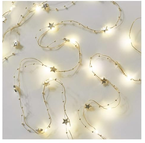 EMOS goldene Sternengirlande mit 20 LEDs, dekorative Lichtergirlande mit Sternen 190cm, 6/18 h Timer-Funktion, Batteriebetrieben (2x AA), Leuchtdauer 10.000 h, IP20 für Innenbereich