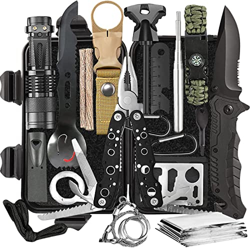 Graxury 14 en 1 Trousse de Survie Polyvalente Trousse de Premiers Soins pour Les Sports de Plein Air, Le Camping, l'alpinisme, Les Pierres Ignifuges (Couteau et Pince)