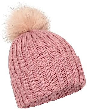 Mountain Warehouse Geneva Fur Lined Womens Fluff Beanie - Lightweight, Compact, Easy to Pack, Soft Fleece Lining & Fluffy Pom Pom - Ideal for Pale Pink (Fur Lined) ONE