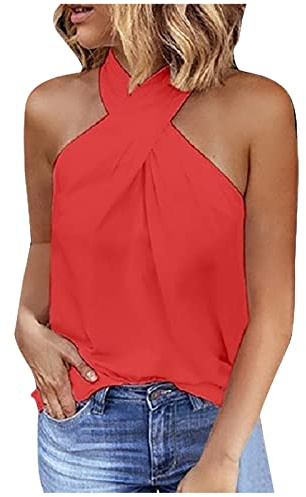 Halter Vest Tops Women UK Slim Fit Summer Tops Sleeveless Criss Cross Neck Tank Tops Sale Clearance Elegant Plain Cami Shirt Party Solid T Shirts Casual Blouses Tunic Camisoles Tank Top Ladies