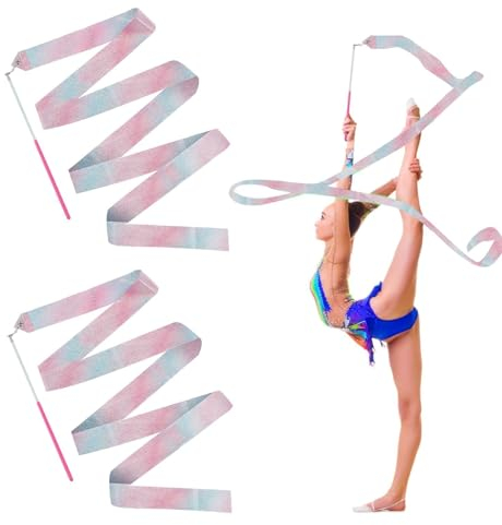 CAISYE Tanzen Streamer - 2 Stück Gymnastikband mit Stab - Bänder für Gymnastik - Blinkendes Gymnastikband für Kinder - Weiches Seidenband für künstlerischen Tanz und Fitness - Tanzband - Länge 2 m