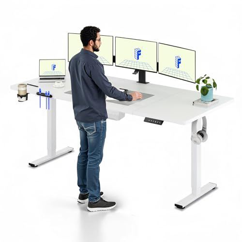 FLEXISPOT 200 * 80cm Electric Standing Desk Adjustable Standing Desk Sit Stand Up Desk Computer Desk with Hook Memory Function for Office and Home (White+White)