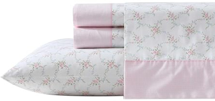 Laura Ashley - Twin Bed Sheets, Cotton Percale Bedding with Matching Pillowcase, Crisp & Cool Bed Set with Deep Pocket, Dorm Essentials, Oeko-Tex Certified, Coquette Room Decor (Lynda Pink)