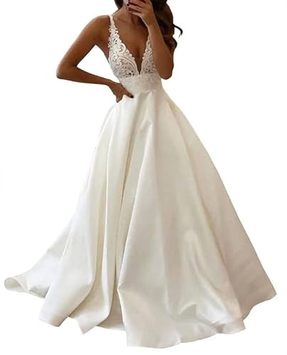 V-Collo in Raso Abito da Sposa Pizzo Prom Dresses Abiti da Sera Lunghi A-Line Abiti da Sposa, SEVENYXX, Avorio, 42