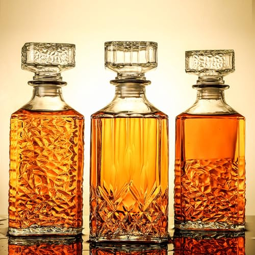 3PCS Glasses Decanter,32 oz Diamond Pattern Wine Bottle with Lid,Delicate Decanter Set-for Tequila, Brandy, Scotch and Vodka, Gift Giving, Bar and Party Decoration