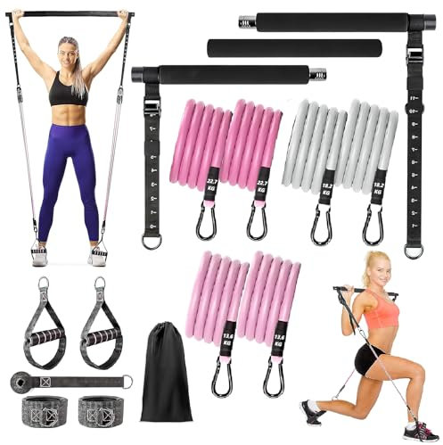 W&H Pilates Bar Set, Fitnessgeräte für Zuhause mit 6 Widerstandsbänder (13.6/18.2/22.7KG), Pilates Stange, Griffe, Türanker, Fußschlaufen, Home Gym Resistance Bands Set für Yoga, Pilates, Stretch