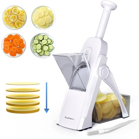 SUPMAKIN Affettatrice a Mandolina Sicura per Cucina - Patate, Verdure e Alimenti - Spessore Regolabile da 0,1 a 8 mm - Artefatto da Cucina Più Veloce (Solo Affettatrice) (bianco)