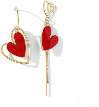 Boucles d'oreilles Pendantes en Forme de Cœur Femme, Boucles d'oreilles Asymétriques, Rouge Boucles d'oreilles Coeur Fille, pour Femmes et Filles, Saint Valentin, Anniversaire, Cadeau d'anniversaire