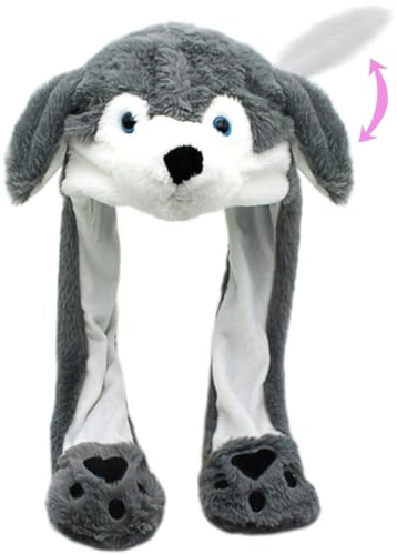Naichuo Plush Animal Hat with Moving Jumping Ears Pop Up Beating Hat Movable Dancing Cap for Kids Adult(Husky)