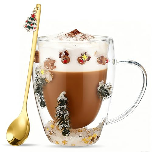 JOKILY Weihnachtsglastasse, Weihnachtskaffeetasse, Doppelwandige Gläser Weihnachten, Personalisierte Weihnachtsmann Rentier Muster Weihnachtstasse, Weihnachtsgeschenke für Frauen Mädchen Männer (B)