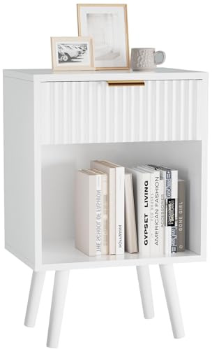 YMYNY Mid Century Modern Nightstand, Side Table, Fluted Night Stand with Drawer, Open Shelf Unit, Golden Handle, Solid Wood Legs, Bedside Table, for Bedroom, Living Room, White HST013W