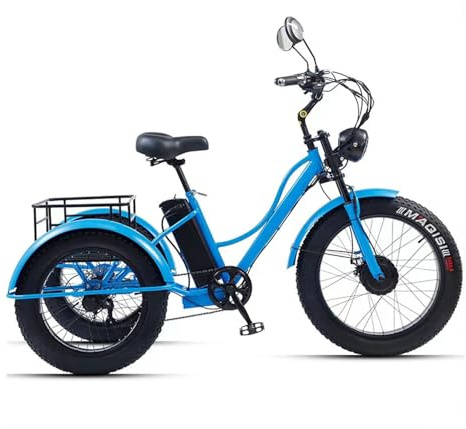 Triciclo Eléctrico De 24 Pulgadas Para Adultos,Neumáticos Anchos Todoterreno,Capacidad De Carga De 200 Kg,Triciclo De Pedales Para Personas Mayores,Con Cesta De Carga,Ideal Para El Uso Diario Blue