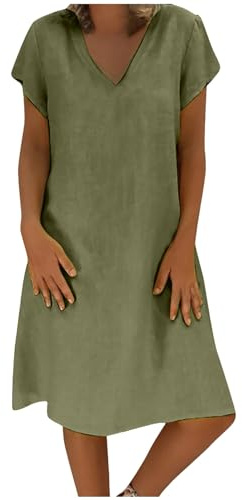 Robe Été Femme Lin Midi Droite Trapèze Fluide Ample Col V Manches Courtes Chic et Élégante Légère Plage Décontractée
