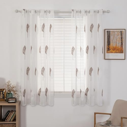 MIULEE Tende per Interni Moderne 2 Pezzi 140x175 CM, Voile Tenda Finestra Interno Salotto, Tenda Trasparente con Ricami a Foglie Bianche e Marrone, Fantasia Tende Camera da Letto Soggiorno Occhielli