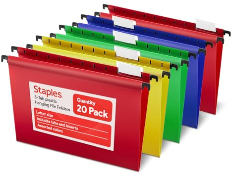 Staples Hanging File Folders, Letter Size, Assorted Colors, Water‑Resistant, 5‑Tab, Includes Tabs & Inserts – 20/Pack