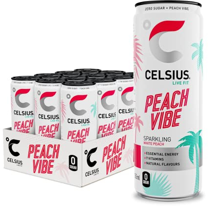 CELSIUS Peach Vibe Sugar Free Energy Drink - Energy Drink with 7 Vitamins & 1 Mineral and No Artificial Flavours or Colours (Pack of 12 x 355ml - 114mg of Caffeine Per Can)