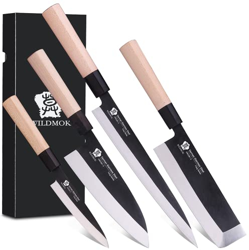 WILDMOK Ensemble de 4 Couteaux de Chef GYUTO Sushi-Yanagiba-Deba-Nakiri-Couteau de Cuisine Utilitaire, Ensembles de Couteaux à Fileter Pour Trancher le Poisson, Lame en Acier Allemand