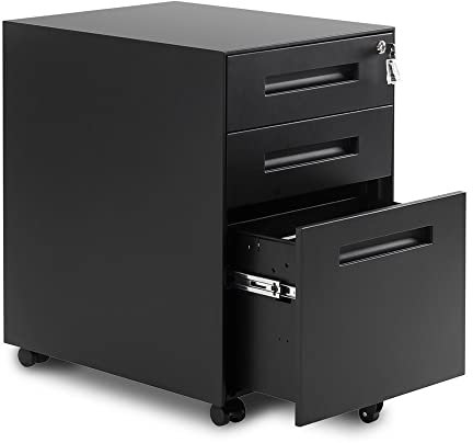 3 Drawer Mobile File Cabinet Filing Pedestal with Keys, Fully Assembled Except Casters,Metal Solid-Black