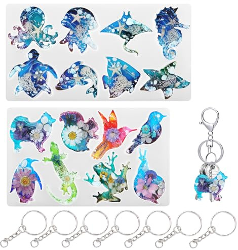 Kitnelw Stampo Resina Epossidica Animali Stampi per Resina Epossidica Stampo in Silicone Organismi Marini Pesce Tartaruga Rana Uccello Cane Resina Fai da Te 2 Pezzi, con Portachiavi 20 Pezzi