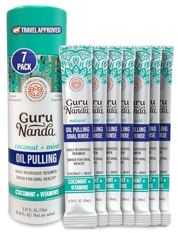 GuruNanda Travel Sachets Coconut Oil Pulling, Fresh Breath Mouthwash, 7 Essential Oils & Vitamins for Happy Teeth & Gums, 7 Sachets
