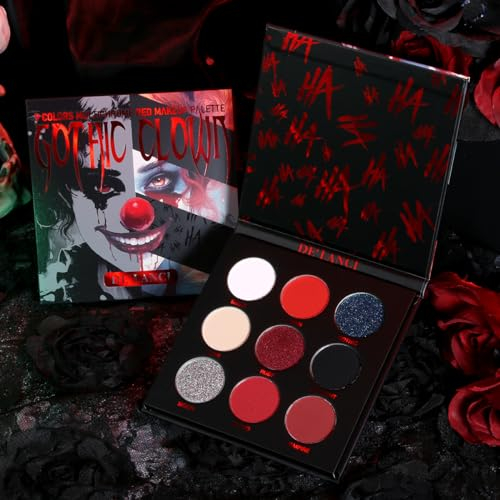 Horrorclown Lidschatten Schwarz Rot,DE'LANCI 9 Farben Roter Schwarz Lidschatten Palette,Lidschatten Shimmer Glitzer Rot,Wasserdicht&Highly Pigmented,Goth Makeup,SFX Halloween Schminke,Vegetarismus