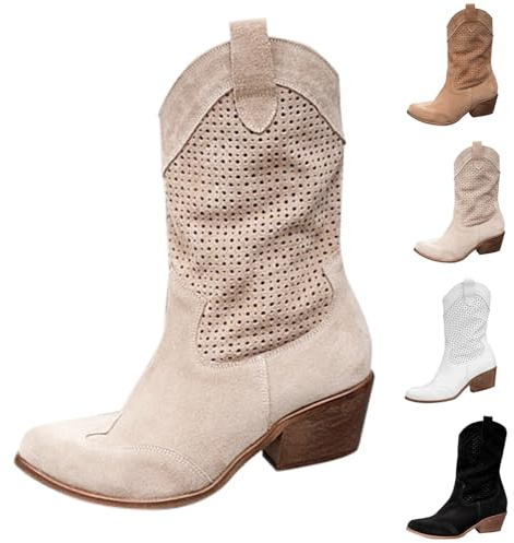 Generico Botas Texanas Camperos Texanos Western Botines de Punta Botas Camperos Mujer Boots de Media pantorrilla Botas Largas de Mujer Planas Botas Cremallera de Cowboy Cowgirl Botín, beige, 37 EU