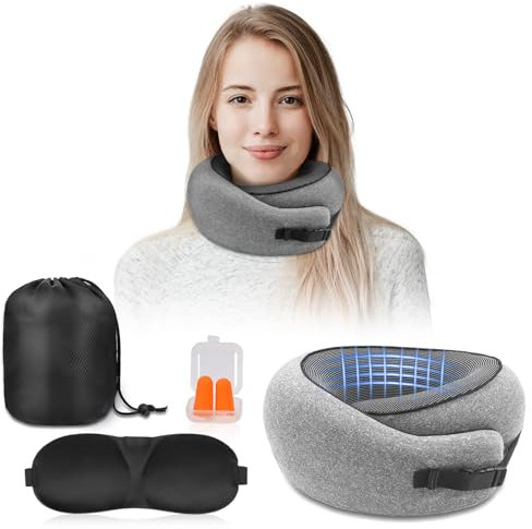 flintronic Nackenkissen Flugzeug, Reisekissen Memory Foam mit Samtweichem Bezug, für Reisen, Büro und Haus, Ergonomisches Weich Atmungsaktiv mit Ohrstöpseln, Augenmaske, Netztasche (Dunkelgrau)