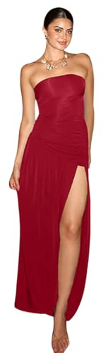 AOWVUTS Dam Klänning Sexig Off Shoulder Bodycon Split Maxi Klänning Avslappnad Ärmlös Rygglös Enfärgad Lång Kväll Bodycon Klänningar Elegant Festklänning Cocktail Party, Röd, S