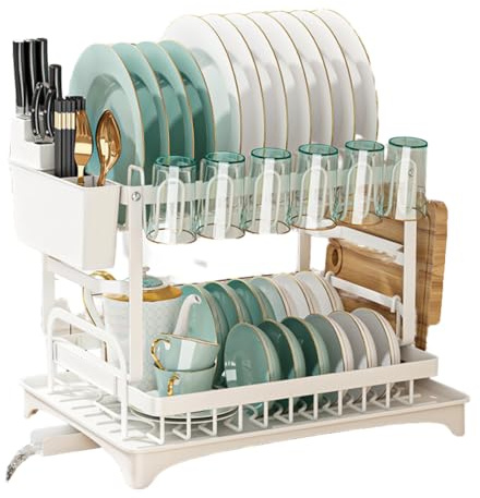 Housekeeper Large White Double-Stacked Dish Drainer Rack – 2-Tier Stainless Steel Drying Rack with Utensil Holder, Drip Tray & Swivel Drain Spout for 4+ People Kitchen Organisation