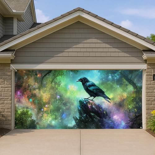 Cosmic Raven Grande housse de porte de garage colorée avec oiseau mystique – Œuvre d'art galaxie pour intérieur et extérieur – Toile de fond de fête saisonnière – Thème fantastique – 397 x 180 cm